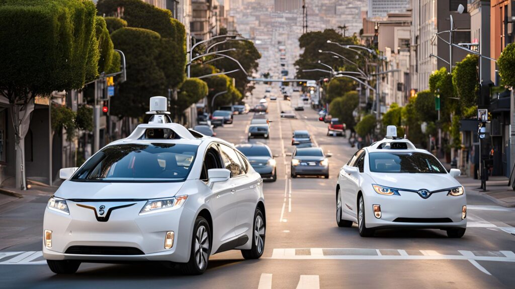 Autonomous vehicles on a highway in San Francisco.