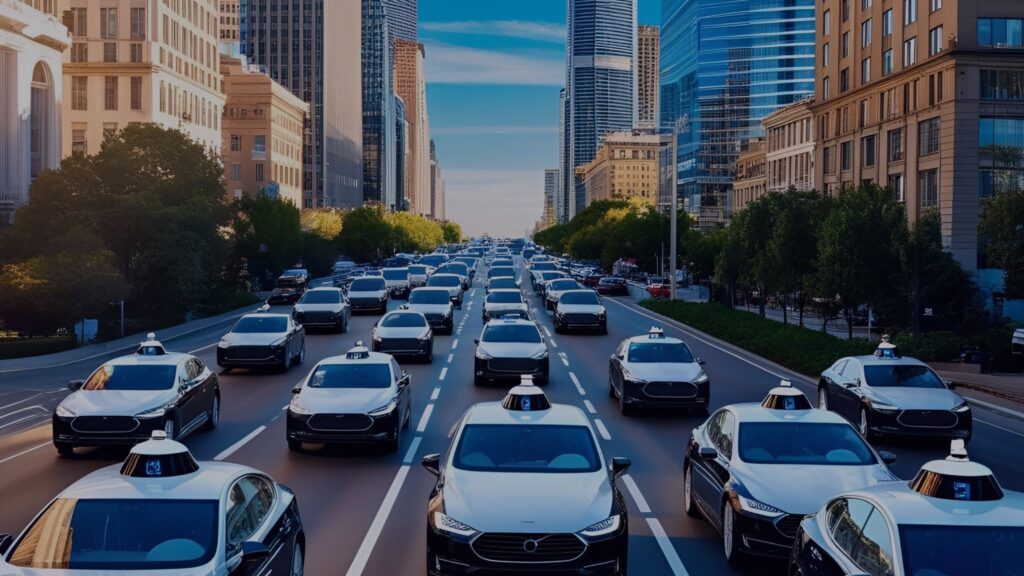 A band of autonomous vehicles driving on a highway bordered by towering buildings.