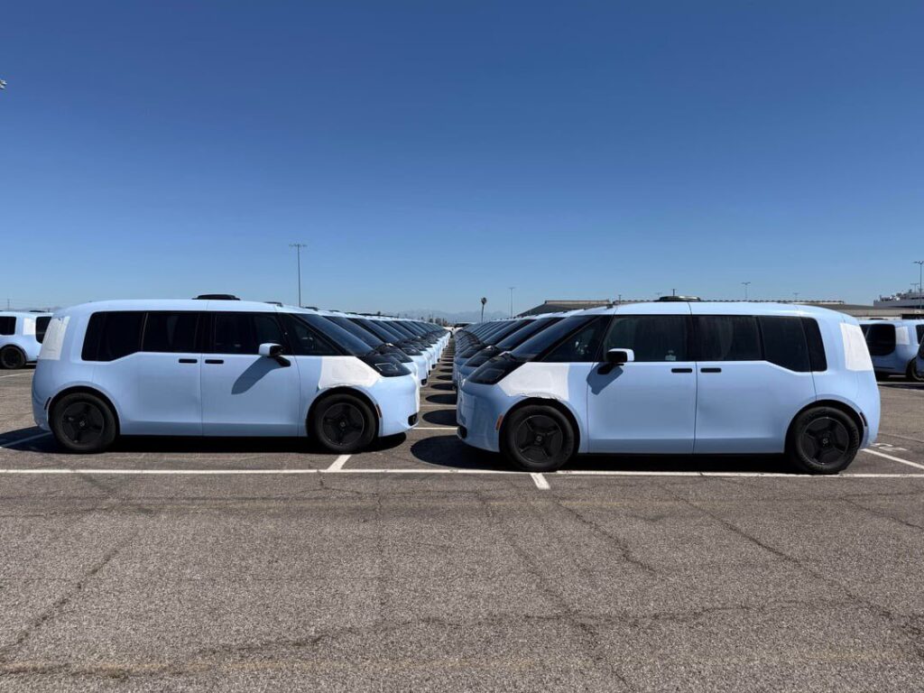 Waymo's Ojai fleet lined up in an open space