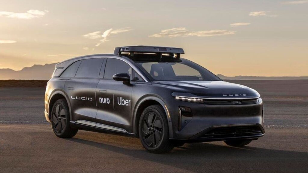 A Lucid Gravity SUV emblazoned with Lucid, Nuro, and Uber logos.