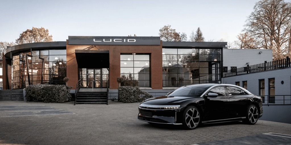 Lucid Air Pure parked outside a Lucid office.