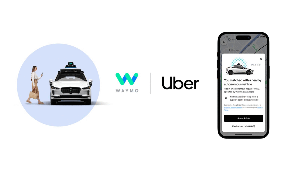 A White female passenger approaching a Waymo after booking with the Uber app.