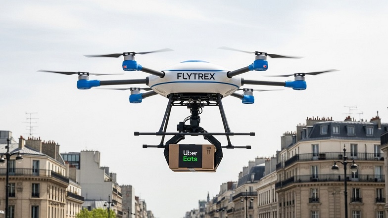 A Flytrex autonomous delivery drone bearing an Uber Eats package.