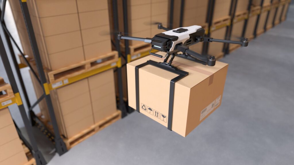 An autonomous delivery drone airlifting goods from a warehouse.