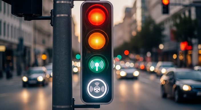 A traffic light with an added white light for autonomous vehicles.