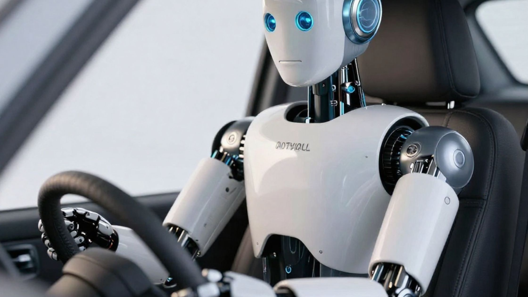 A physical AI humanoid robot driving a car.