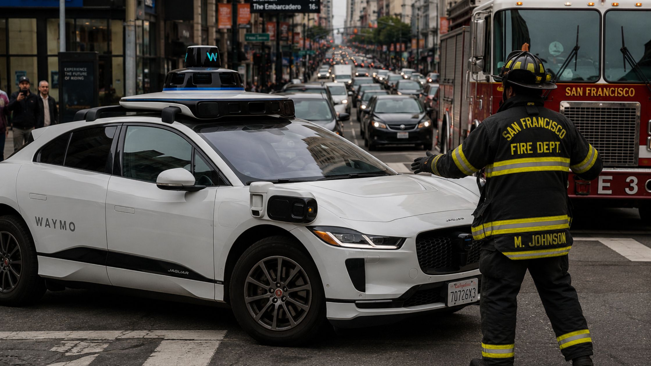 A Waymo robotaxi is seen blocking a firefighter first responder vehicle in San FRancisco