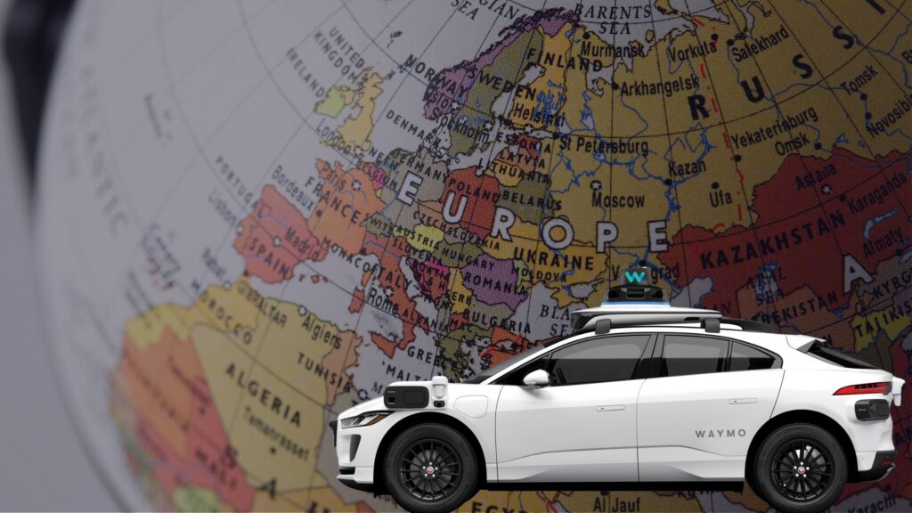 A Waymo robotaxi driving across a European map