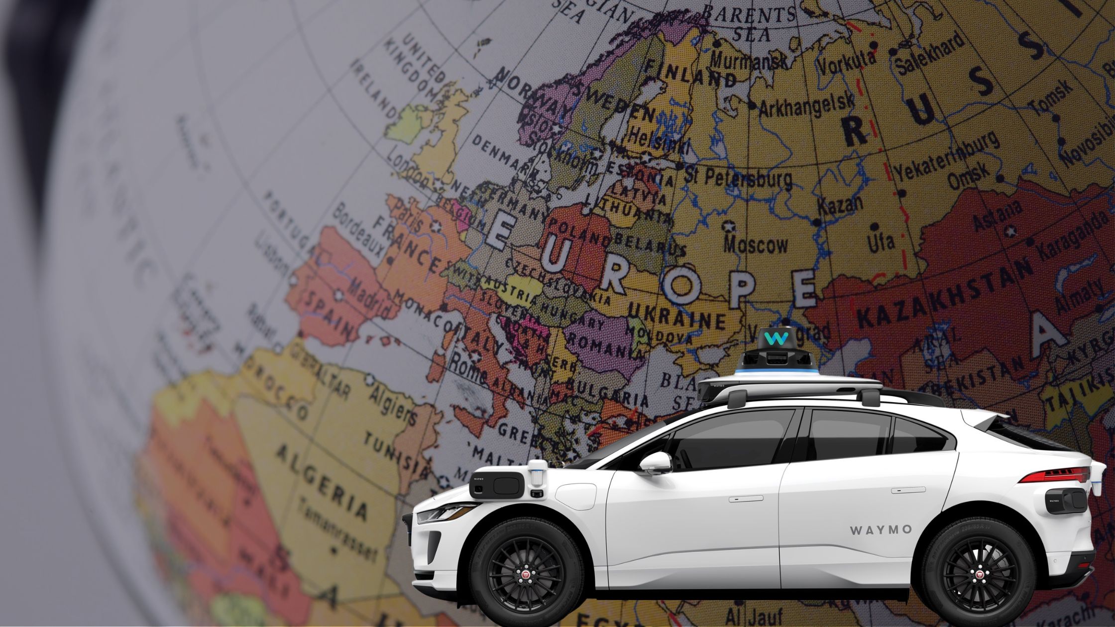 A Waymo robotaxi driving across a European map