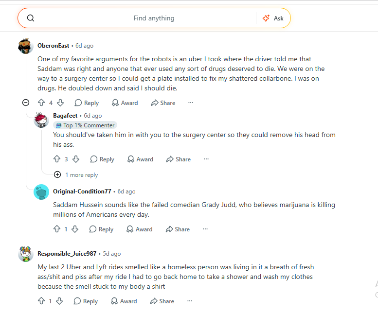 Users in the Waymo subreddit complaining about Lyft and Uber