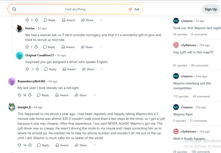 Users in the Waymo subreddit sharing their unpleasant experiences in Lyft and Uber rides.