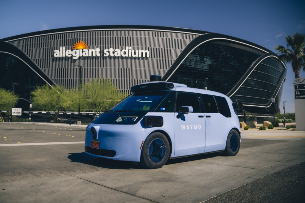 The 6th-generation Waymo Ojai parked outside the Allegiant Stadium in Las Vegas