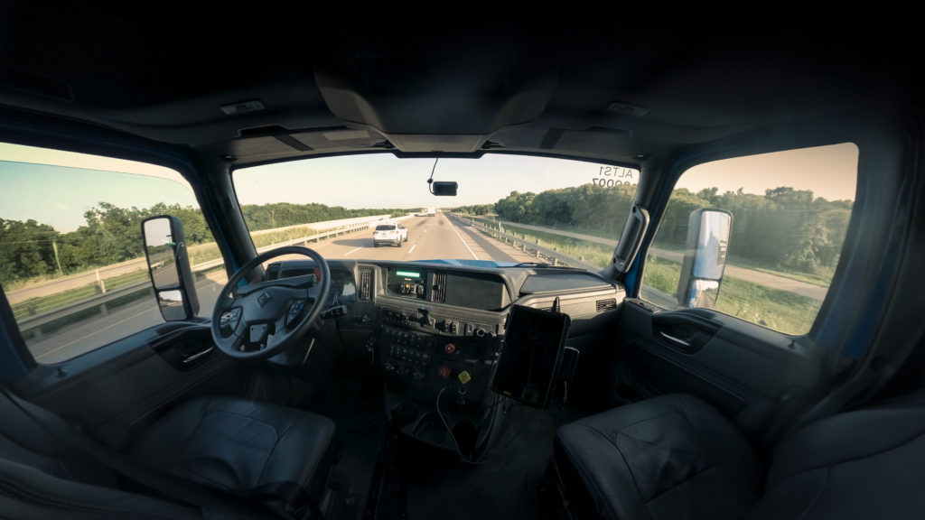 An Aurora Innovation driverless truck with no one in the driver's seat