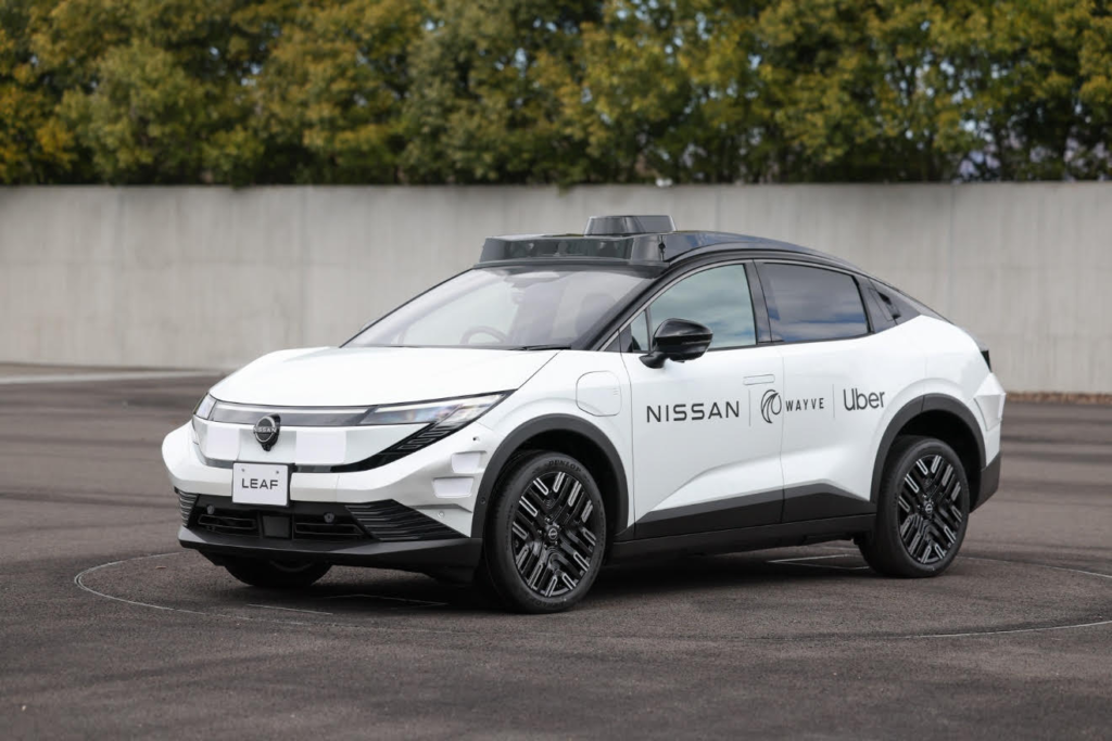A Wayve robotaxi with the Uber and Nissan logos