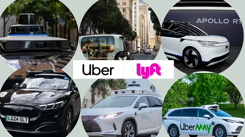 The Uber and Lyft logos in a company of self-driving cars