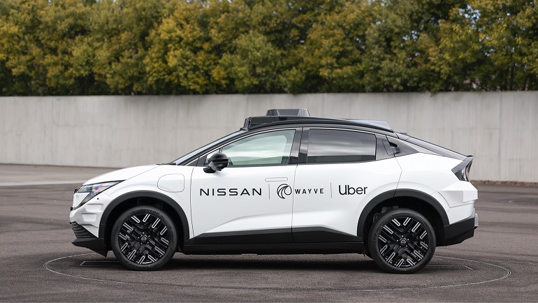 The Nissan Leaf with the Wayve, Uber and Nissan branding