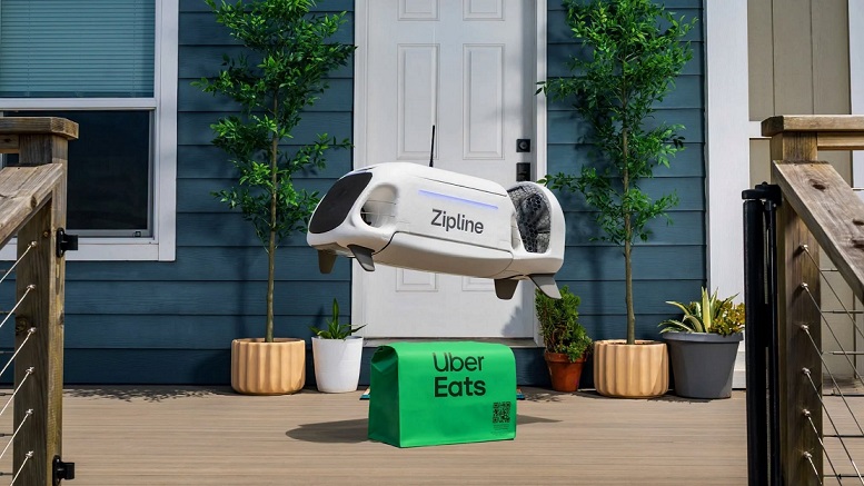 A Zipline drone delivers an Uber Eats package to the front door of a customer