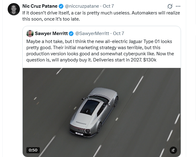 An X user, Nic Cruz Patane, saying a car is pretty useless if it can't drive itself.